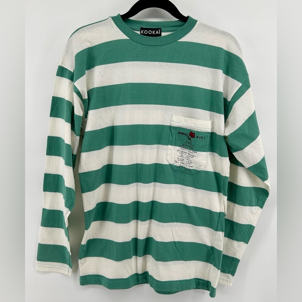 Women’s Kookai “Girl” Green White Stripe Preppy Rugby Style Pocket T-Shirt Sz L - Picture 3 of 6